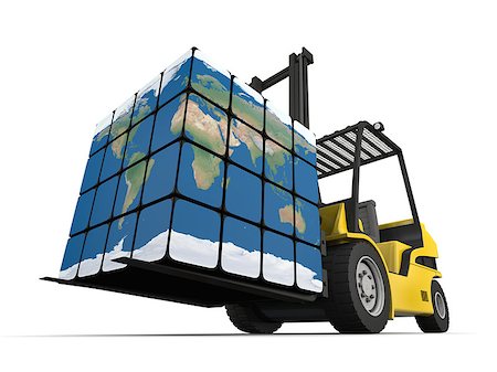 simsearch:400-06096469,k - Concept of global transportation, modern yellow forklift carrying planet Earth in form of cube, isolated on white background. Elements of this image furnished by NASA. Stock Photo - Budget Royalty-Free & Subscription, Code: 400-07417059