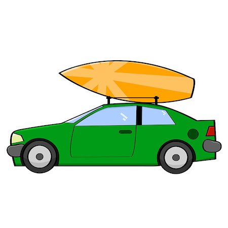 simsearch:400-06553976,k - Cartoon illustration showing a surfboard on top of a green car Foto de stock - Royalty-Free Super Valor e Assinatura, Número: 400-07417619