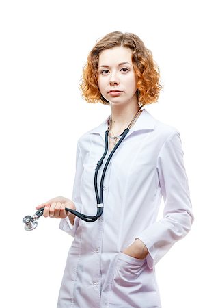 cute redhead doctor in lab coat with stethoscope isolated on white background Stock Photo - Budget Royalty-Free & Subscription, Code: 400-07418152