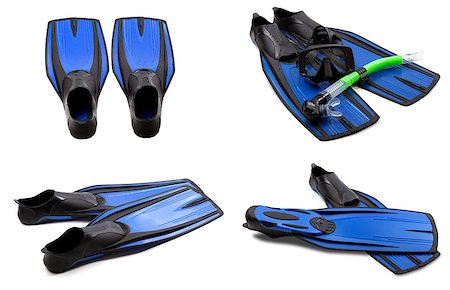 simsearch:400-04417998,k - Set of blue swim fins, mask, snorkel for diving with water drops. Isolated on white background. Photographie de stock - Aubaine LD & Abonnement, Code: 400-07419583