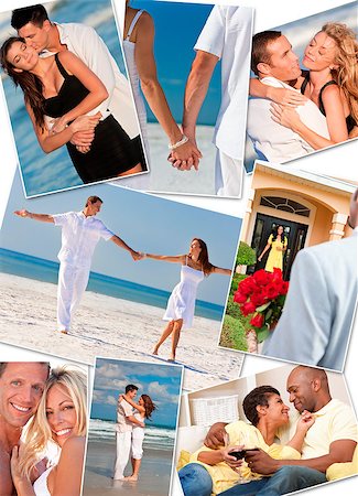 simsearch:400-04655736,k - Montage of happy, romantic, interracial mixed race couples enjoying a relaxing lifestyle, at the beach embracing, holding hands, drinking wine at home in love. Stockbilder - Microstock & Abonnement, Bildnummer: 400-07419748