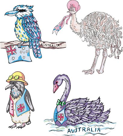 Australian animals - black swan, penguin, ostrich. Set of vector illustrations. Foto de stock - Super Valor sin royalties y Suscripción, Código: 400-07410032