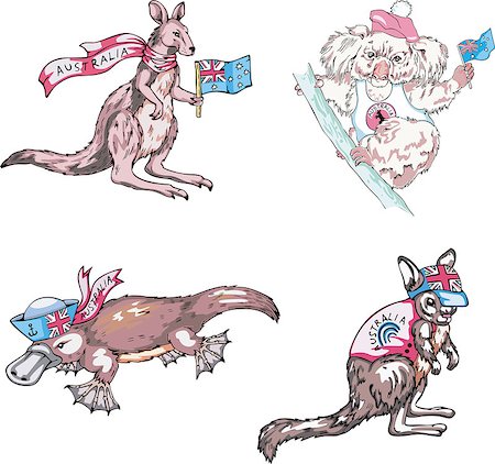 Australian marsupials animals - kangaroo, koala, platypus. Set of vector illustrations. Foto de stock - Super Valor sin royalties y Suscripción, Código: 400-07410033