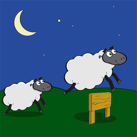 Cartoon illustration showing sheep jumping over a wooden fence at night Stock Photo - Budget Royalty-Free & Subscription, Code: 400-07410159