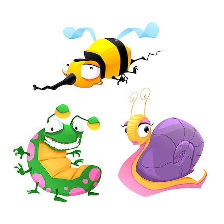 Two funny insects and one snail. Cartoon isolated vector characters. Stock Photo - Budget Royalty-Free & Subscription, Code: 400-07410220