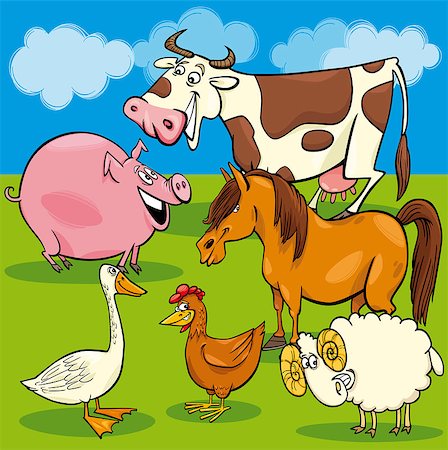 simsearch:400-09050259,k - Cartoon Illustration of Funny Farm Animals Characters Group Foto de stock - Royalty-Free Super Valor e Assinatura, Número: 400-07410457