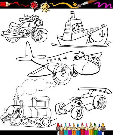 Coloring Book or Page Cartoon Illustration Set of Black and White Transportation or Vehicles Characters for Children Stock Photo - Budget Royalty-Free & Subscription, Code: 400-07410461