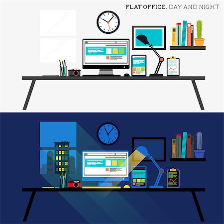 simsearch:400-08530598,k - Office Day and Night. Flat design desk layout. Vector illustration. Stock Photo - Budget Royalty-Free & Subscription, Code: 400-07411380