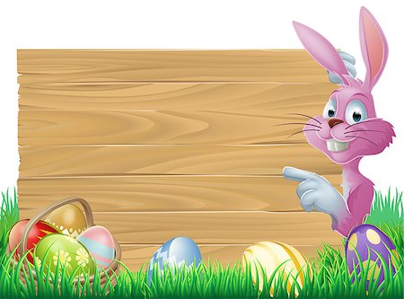 simsearch:400-07307426,k - A cartoon pink Easter bunny rabbit peeping round a sign in green spring field full of chocolate decorated eggs Stock Photo - Budget Royalty-Free & Subscription, Code: 400-07411641