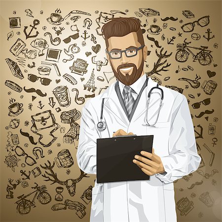 simsearch:400-07216659,k - Vector hipster doctor man writing something with marker on clipboard Photographie de stock - Aubaine LD & Abonnement, Code: 400-07411835