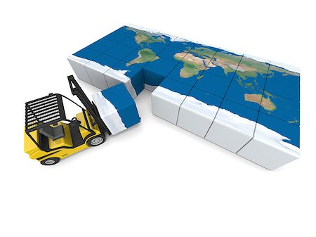 simsearch:400-04167254,k - Concept of global transportation, modern yellow forklift carrying piece of global map, isolated on white background. Elements of this image furnished by NASA. Stock Photo - Budget Royalty-Free & Subscription, Code: 400-07412965