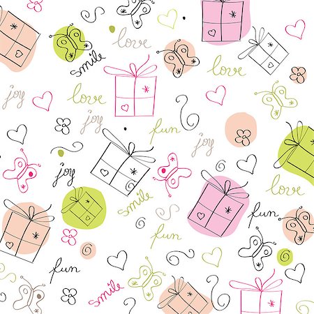 simsearch:400-04631033,k - hand draw texture - seamless pattern with hearts, gifts, butterflies, flowers and texts, vector illustration Foto de stock - Super Valor sin royalties y Suscripción, Código: 400-07413224