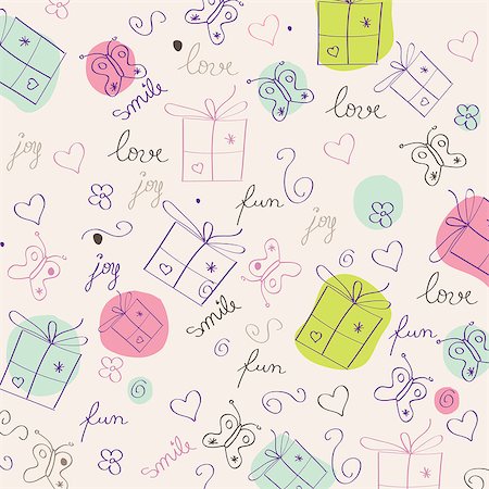 simsearch:400-04631033,k - hand draw texture - seamless pattern with hearts, gifts, butterflies, flowers and texts, vector illustration Foto de stock - Super Valor sin royalties y Suscripción, Código: 400-07413225