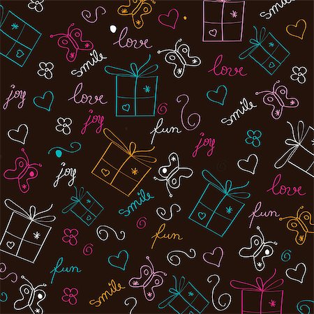 simsearch:400-04631033,k - hand draw texture - seamless pattern with hearts, gifts, butterflies, flowers and texts, vector illustration Foto de stock - Super Valor sin royalties y Suscripción, Código: 400-07413229