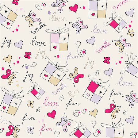 simsearch:400-04631033,k - hand draw texture - seamless pattern with hearts, gifts, butterflies, flowers and texts, vector illustration Foto de stock - Super Valor sin royalties y Suscripción, Código: 400-07413222