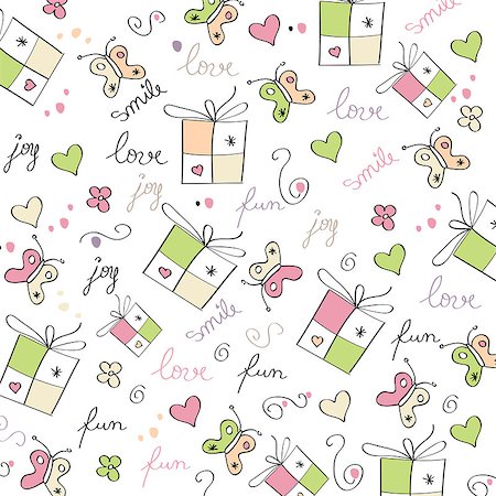 simsearch:400-04631033,k - hand draw texture - seamless pattern with hearts, gifts, butterflies, flowers and texts, vector illustration Foto de stock - Super Valor sin royalties y Suscripción, Código: 400-07413223