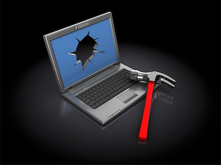 3d illustration of computer crashed by hammer, over black background Stock Photo - Budget Royalty-Free & Subscription, Code: 400-07424029