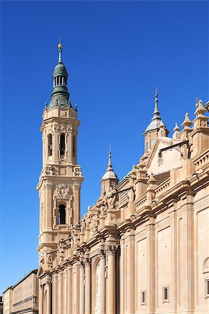 simsearch:400-06526519,k - Closeup of Pilar Cathedral belfry against blue sky, Zaragoza, Spain Stock Photo - Budget Royalty-Free & Subscription, Code: 400-07424184