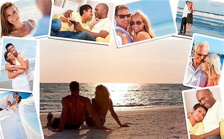 simsearch:400-04655735,k - Montage of happy, romantic, mixed race couples enjoying a relaxing lifestyle, sunset beach, wedding, drinking wine at home in love. Stockbilder - Microstock & Abonnement, Bildnummer: 400-07424600