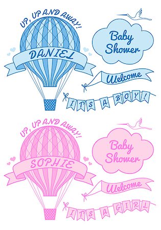 hot air ballon, it's a girl or boy, baby shower, set of vector design elements Stock Photo - Budget Royalty-Free & Subscription, Code: 400-07425300