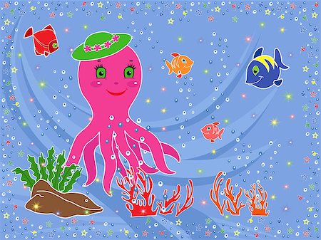 pelage - Underwater marine life. Funny Octopus, fishes, coral and seaweed on the seabed. Hand drawing vector illustration Stock Photo - Budget Royalty-Free & Subscription, Code: 400-07426091