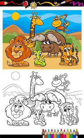 simsearch:400-08916377,k - Coloring Book or Page Cartoon Illustration of Scene with Wild Safari Animals Characters for Children Foto de stock - Super Valor sin royalties y Suscripción, Código: 400-07426328