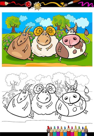Coloring Book or Page Cartoon Illustration of Country Rural Scene with Farm Animals Goat and Bull and Ram Characters for Children Stock Photo - Budget Royalty-Free & Subscription, Code: 400-07426329