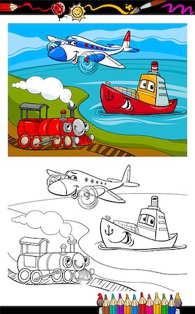 Coloring Book or Page Cartoon Illustration of Cute Plane and Train and Ship Transport Comic Characters for Children Stock Photo - Budget Royalty-Free & Subscription, Code: 400-07426331