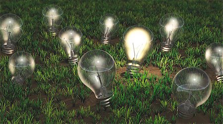 some light bulbs with different size are growing as ideas on a grassy soil like plants, only one of them is turned on and is emitting a yellow light Fotografie stock - Microstock e Abbonamento, Codice: 400-07426378