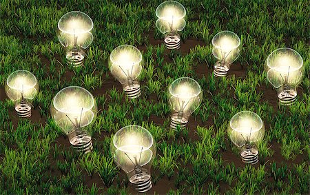 some lit light bulbs with different size are growing as ideas on a grassy soil like plants Photographie de stock - Aubaine LD & Abonnement, Code: 400-07426379