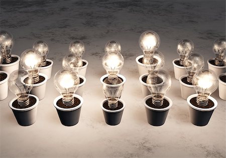 different concept - rows of light bulbs with different sizes in white pots lie on a white and gray abstract ground, some light bulbs are lit randomly with a white light Stock Photo - Budget Royalty-Free & Subscription, Code: 400-07426387