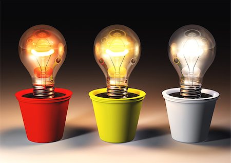 three lit light bulbs with different light color are growing in colored pots that lie on a dark background Fotografie stock - Microstock e Abbonamento, Codice: 400-07426388