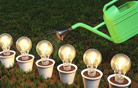 some lit light bulbs in white pots arranged in a row are watered by a green watering can, on a grassy ground Fotografie stock - Microstock e Abbonamento, Codice: 400-07426382
