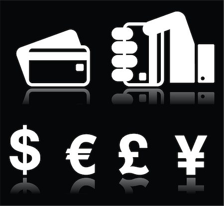 simsearch:400-06200734,k - Vector icons: hand holding credit card, currency icons - dollar sign, euro, pound, yen isolated on black Stock Photo - Budget Royalty-Free & Subscription, Code: 400-07426463