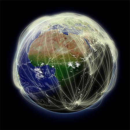 simsearch:400-05285300,k - Network of flight paths over Africa on blue planet Earth isolated on black background. Highly detailed planet surface. Elements of this image furnished by NASA. Stock Photo - Budget Royalty-Free & Subscription, Code: 400-07426636