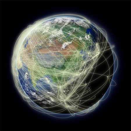 simsearch:400-08371074,k - Network of flight paths over Asia on blue planet Earth isolated on black background. Highly detailed planet surface. Elements of this image furnished by NASA. Fotografie stock - Microstock e Abbonamento, Codice: 400-07426638
