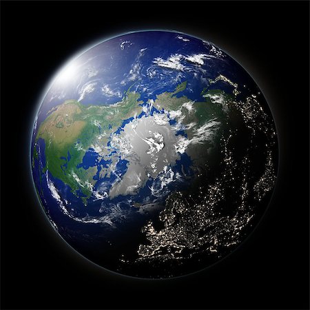 Northern hemisphere on Earth viewed from above north pole with visible city lights isolated on black background. High detail planet surface. Elements of this image furnished by NASA. Foto de stock - Super Valor sin royalties y Suscripción, Código: 400-07426658