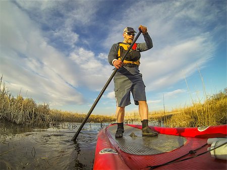 simsearch:400-07795226,k - mature male paddler enjoying workout on an inflatable stand up paddleboard (SUP), calm lake in one of nature areas in Fort Collins, Colorado,  distorted wide angle view Foto de stock - Royalty-Free Super Valor e Assinatura, Número: 400-07427746