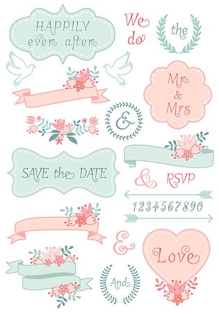 vintage wedding frames and ribbons, floral laurel wreath, set of vector design elements Stock Photo - Budget Royalty-Free & Subscription, Code: 400-07428079
