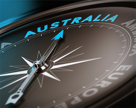 simsearch:400-08184863,k - Abstract compass needle pointing the destination australia, blue and brown tones with focus on the main word. Concept image suitable for illustration of trip counseling. Photographie de stock - Aubaine LD & Abonnement, Code: 400-07428268