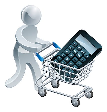 simsearch:400-06484373,k - Shopping cart calculator person, a person pushing supermarket shopping trolley cart with a calculator in it. Could be a concept for finding an accountant or math tutor Stock Photo - Budget Royalty-Free & Subscription, Code: 400-07428295