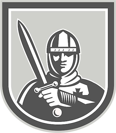 rüstung - Illustration of crusader knight in full armor brandishing a sword set inside shield crest facing front on isolated background done in retro style. Stockbilder - Microstock & Abonnement, Bildnummer: 400-07428598