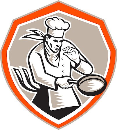 simsearch:400-07429745,k - Illustration of a chef cook holding frying pan set inside shield on isolated background done in retro woodcut style. Stock Photo - Budget Royalty-Free & Subscription, Code: 400-07428591