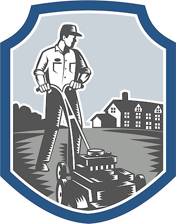 simsearch:400-07429745,k - Illustration of male gardener mowing with lawn mower facing front set inside shield crest with house in background done in retro woodcut style. Stock Photo - Budget Royalty-Free & Subscription, Code: 400-07428604