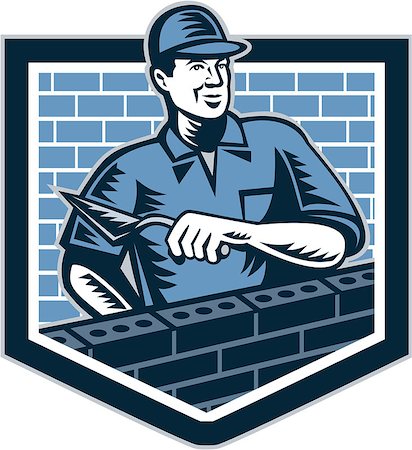 Illustration of a brick layer tiler plasterer mason masonry construction worker with trowel done in retro style. Stockbilder - Microstock & Abonnement, Bildnummer: 400-07428606