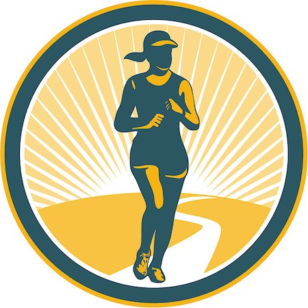 female triathlon - Illustration of marathon triathlete runner running winning finishing race viewed from front set inside circle on isolated background done in retro style. Stock Photo - Budget Royalty-Free & Subscription, Code: 400-07428617