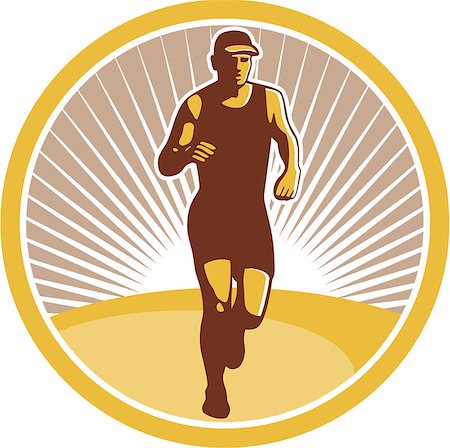 Illustration of marathon triathlete runner running facing front view set inside circle on isolated done in retro style. Stock Photo - Budget Royalty-Free & Subscription, Code: 400-07428618