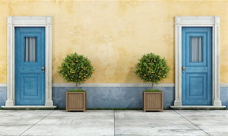 simsearch:400-06396983,k - Vintage facade with two blue doors and plants in a wooden pot - rendering Stock Photo - Budget Royalty-Free & Subscription, Code: 400-07428763