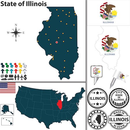 simsearch:400-07429600,k - Vector set of Illinois state with flag and icons on white background Foto de stock - Super Valor sin royalties y Suscripción, Código: 400-07429594
