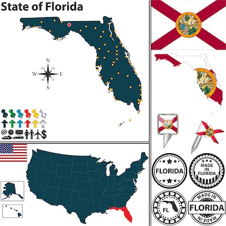 simsearch:400-07429600,k - Vector set of Florida state with flag and icons on white background Foto de stock - Super Valor sin royalties y Suscripción, Código: 400-07429591